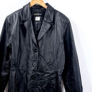 VTG 90s Metrostyle Matrix Black Leather Trenchoat Jacket Womens Size 16 Goth
